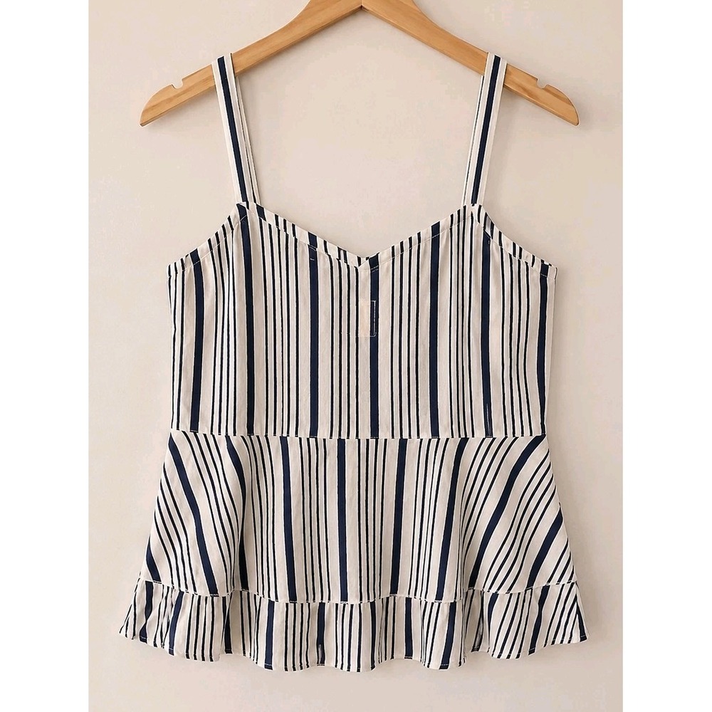 Chaser XL 97% Linen Striped Peplum Tank Top Navy White Coastal Beach Boho
